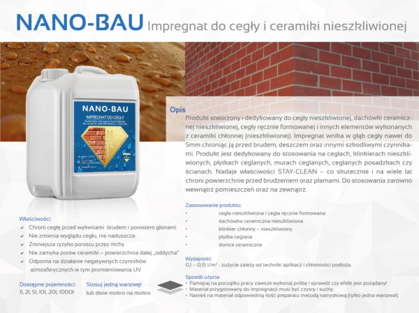 Bezbarwny impregnat hydrofobowy do cegły i ceramiki nieszkliwionej NANO-BAU - obrazek 2