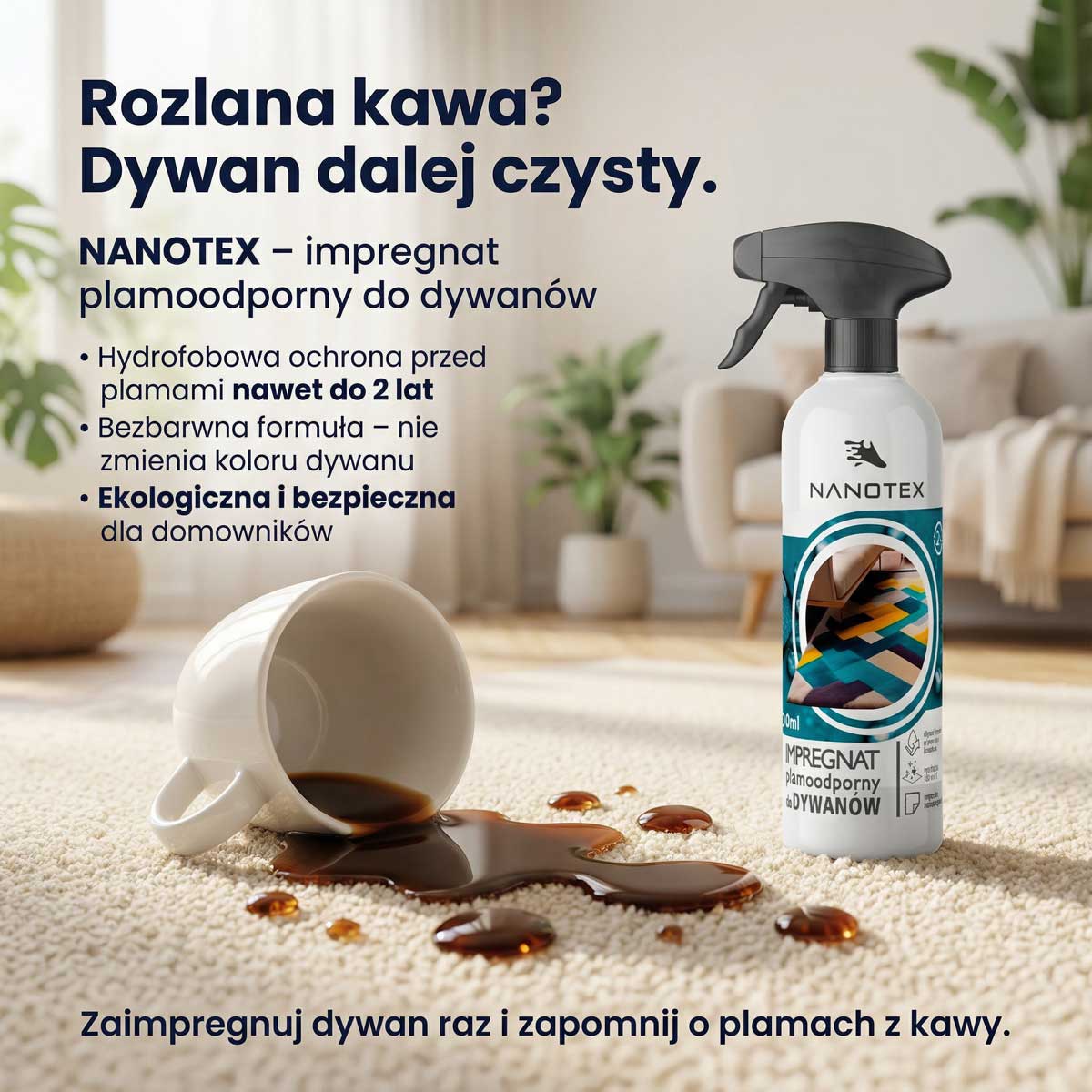 Rozlana kawa na jasnym dywanie obok impregnatu plamoodpornego NANOTEX